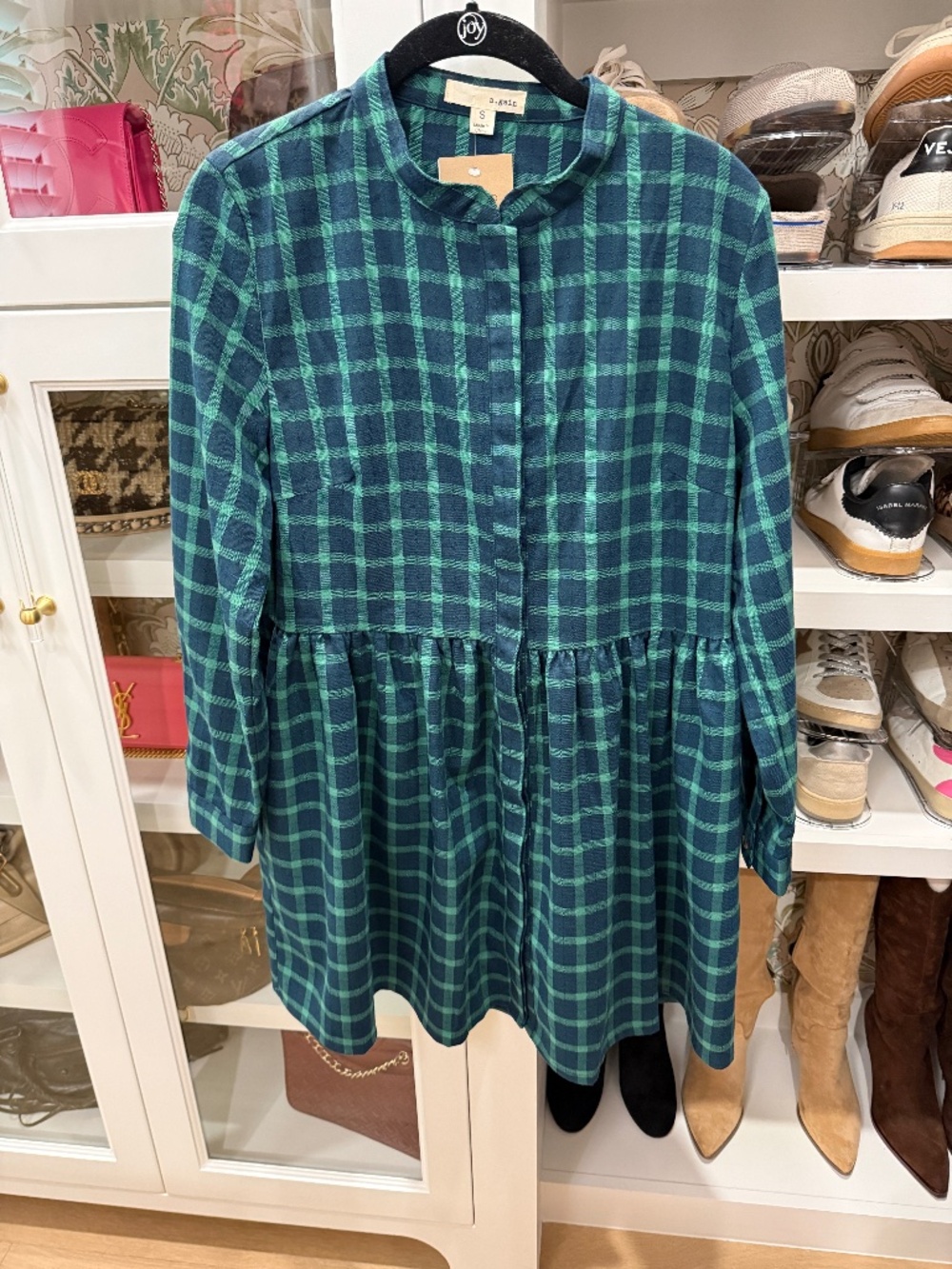 NWT a.gain Navy and Green Plaid Dropwaist Dress with Elbow Patches